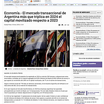 Economa.- El mercado transaccional de Argentina ms que triplica en 2024 el capital movilizado respecto a 2023